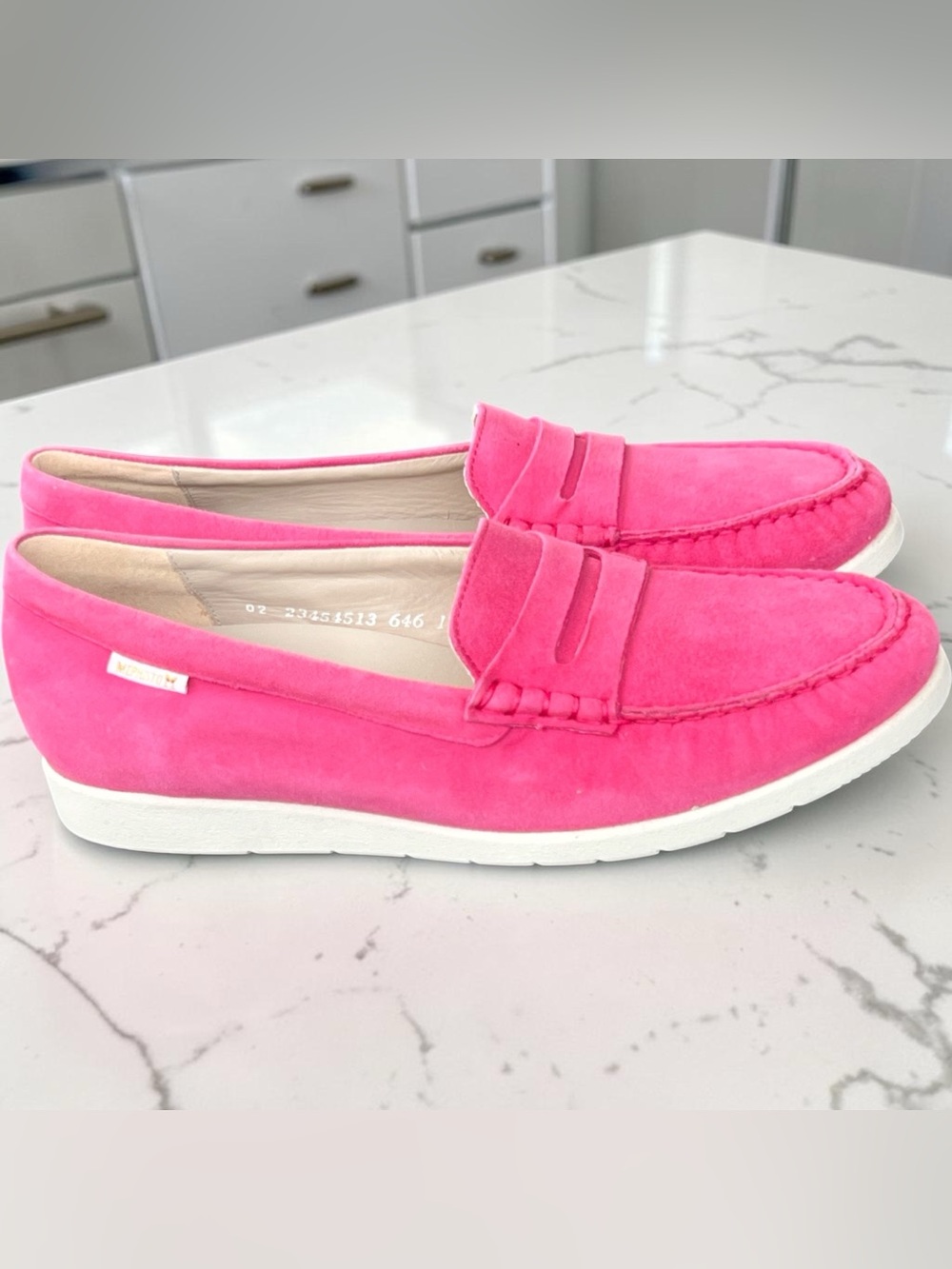 Mephisto Bright Pink Suede Penny Loafers with White Sole